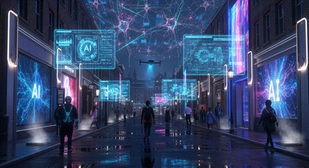 Digital composite of people walking on city street with glowing interface and mapの素材