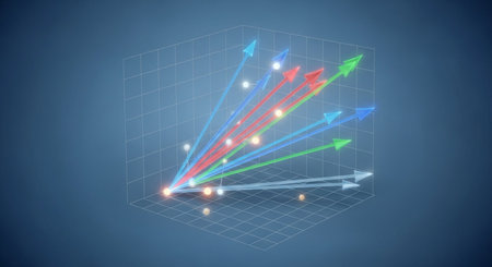 3d rendering of a graph on a blue background with colorful arrowsの素材