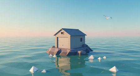 House on a rock in the sea. 3d render illustration.の素材