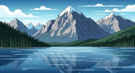 Mountain landscape with lake and reflection in the water, vector illustrationの素材