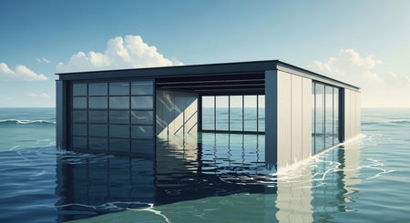 3d render of modern office building on water surface. This is a 3d render illustrationの素材