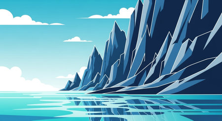 Vector illustration of blue mountain landscape with water and sky. EPS10の素材