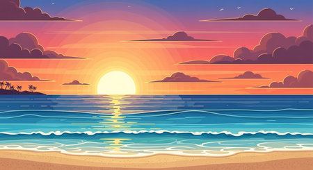 Beautiful sunset on the beach. Vector illustration of a summer beach.の素材