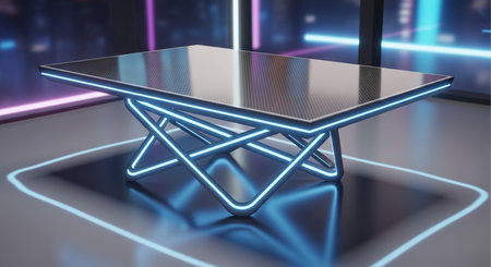 3d render of a table in a room with neon lights.の素材