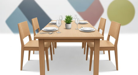 Dining table with wooden chairs and tablecloth. 3d renderingの素材