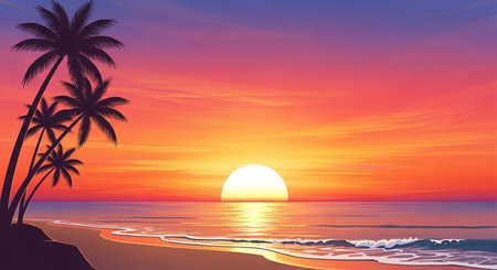 Beautiful sunset on the beach with palm trees. Vector illustration.の素材