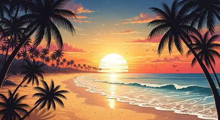 Beautiful sunset on the beach with palm trees. Vector illustration.の素材