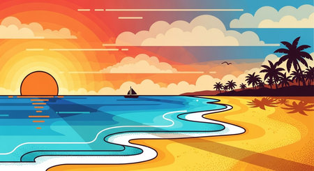 Sunset on the beach. Vector illustration in flat cartoon style.の素材