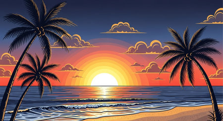 Sunset on the beach with palm trees. Vector illustration. EPS 10の素材