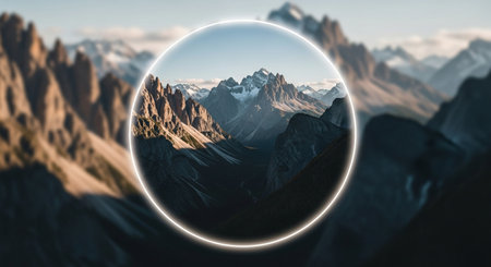 Round frame in the form of a circle on the background of mountains. 3d renderingの素材