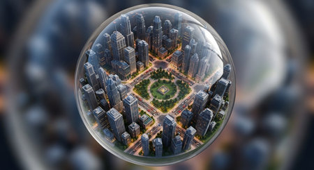 City in a crystal ball. Panorama of the city. 3d renderingの素材