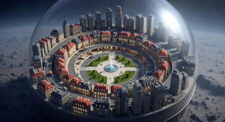 3d rendering of a futuristic city in a glass sphere with buildingsの素材