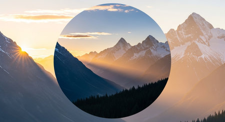 Collage with mountains and sun in the form of a circle.の素材