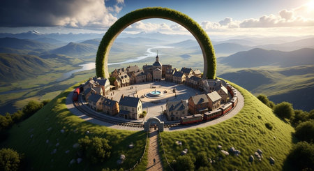 3d render of medieval castle in the middle of the mountains.の素材