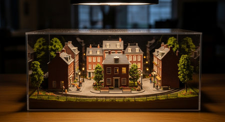 Model of a house in a glass box on a wooden table.の素材
