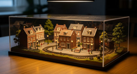 3d illustration of a miniature house in a glass aquarium on a wooden tableの素材