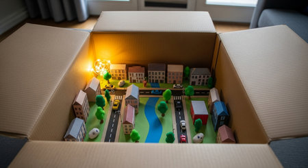 Open carton box with toy city. Real estate and moving conceptの素材