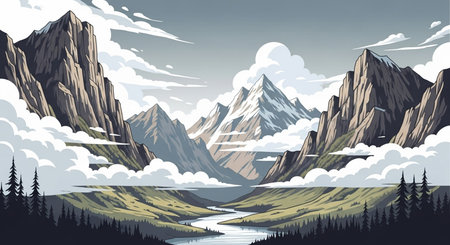 Mountains and lake, vector illustration in cartoon style. Mountain landscape.の素材