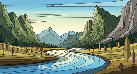 Cartoon nature landscape with a river and mountains. Vector illustration.の素材