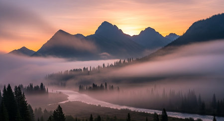 Mountains in the mist at sunrise, Jasper National Park, Alberta, Canadaの素材