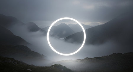 White circle frame against misty valley in the mountains, 3d renderの素材