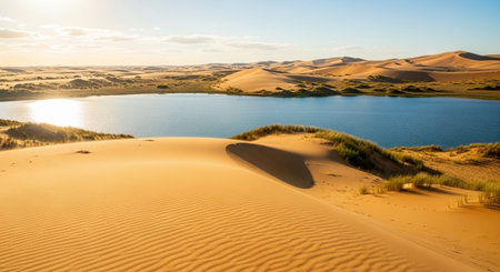 Panoramic view of sand dunes and lake at Corralejo, Fuerteventura, Canary Islands, Spainの素材
