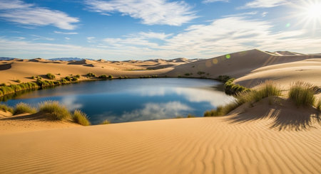 Panoramic view of sand dunes and lake in Maspalomas Gran Canariaの素材