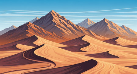 Desert landscape with mountains and blue sky, vector cartoon illustration.の素材