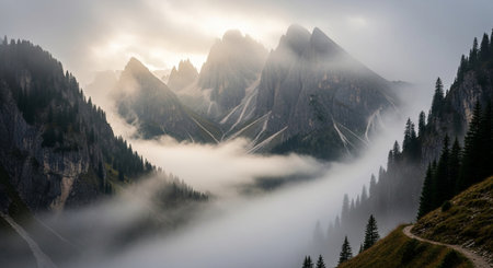 Panoramic view of Dolomites mountains in fog, Italyの素材