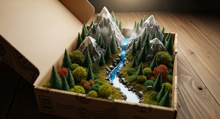 Miniature of the forest in a cardboard box on a wooden backgroundの素材