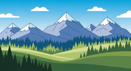 Landscape with mountains, forest and blue sky. Vector illustration.の素材