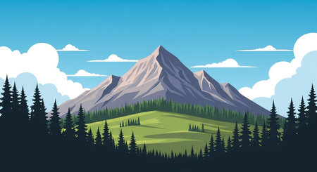Mountains and forest landscape. Vector illustration in flat cartoon style.の素材