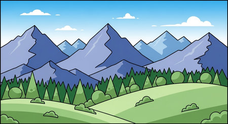 Beautiful landscape with mountains and forest. Vector illustration in cartoon styleの素材