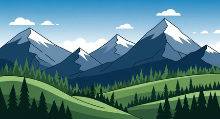 Illustration of the mountains and the forest on a blue sky backgroundの素材