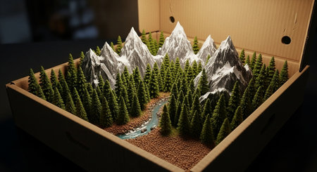 3d rendering of a mountain landscape in a cardboard box with a riverの素材