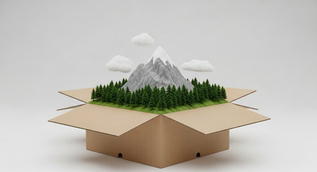 Open cardboard box with mountain and forest. 3D illustration. Copy space.の素材