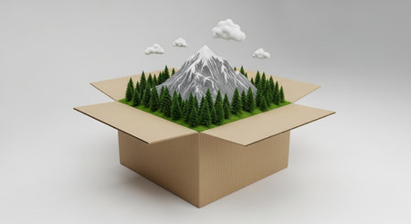 3d illustration of a cardboard box with mountains and coniferous forestの素材