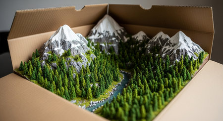 Miniature model of mountains and forest in cardboard box. 3d illustrationの素材
