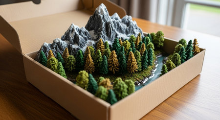 Miniature model of a mountain in a cardboard box on a wooden tableの素材