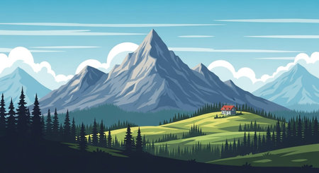 Landscape of mountains in the summer. Vector illustration in flat styleの素材
