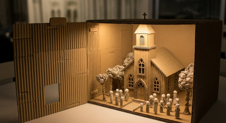 Model of a model of a church and a group of people.の素材