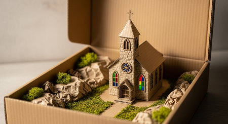 Miniature christian church in a box. Selective focus.の素材