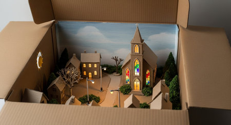 Model of a church in a cardboard box on a white background.の素材