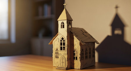 Wooden toy church on the wooden table. 3d rendering.の素材