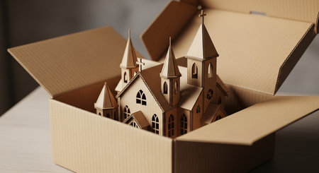 Conceptual image of a cardboard box with a toy church.の素材