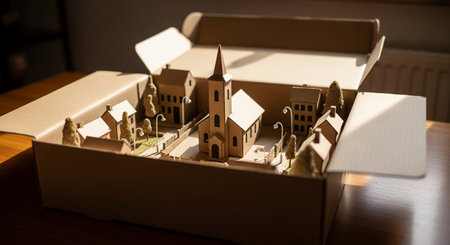 Model of the city in a cardboard box on a wooden table.の素材