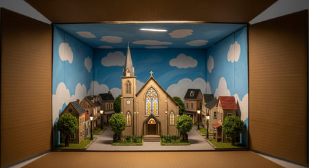 3D rendering of a small church in a box with clouds in the skyの素材