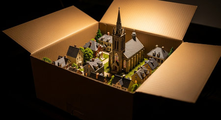 Miniature of a church in a box. 3D rendering.の素材