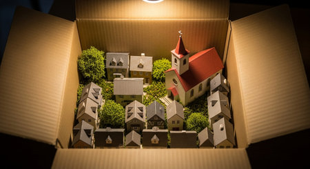 Miniature houses in a cardboard box. The concept of real estateの素材