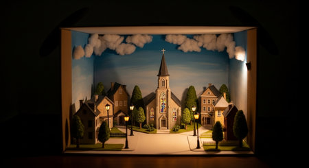 Miniature model of church in a box on a dark background.の素材